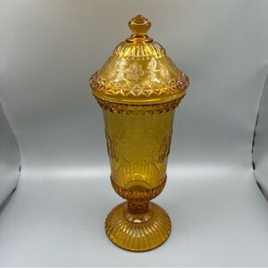 VTG L G Wright Tall 10.5" Amber Wildflower Candy Dish With Lid Set